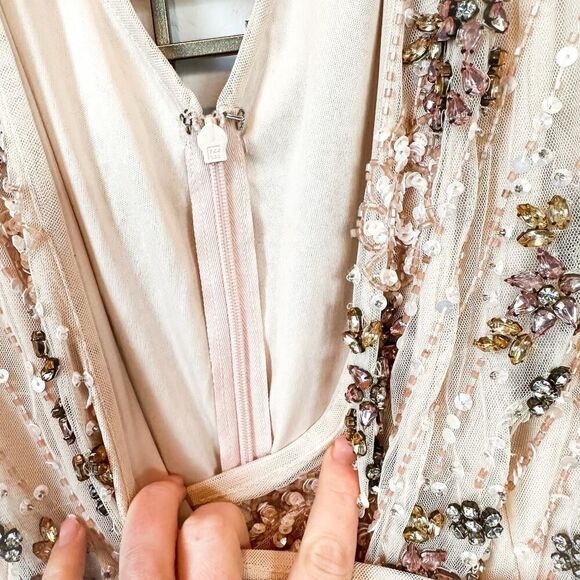 Mac Duggal Embellished Blush Pink Wrap Over Sleeve A-line Gown Dress Size 12 - Picture 7 of 16